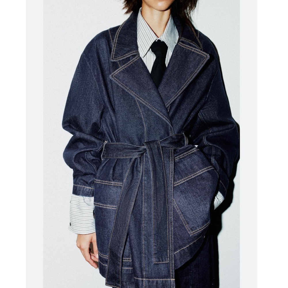 MWT Zara Short Belted Denim Jacket Dark Indigo Sz:M-L